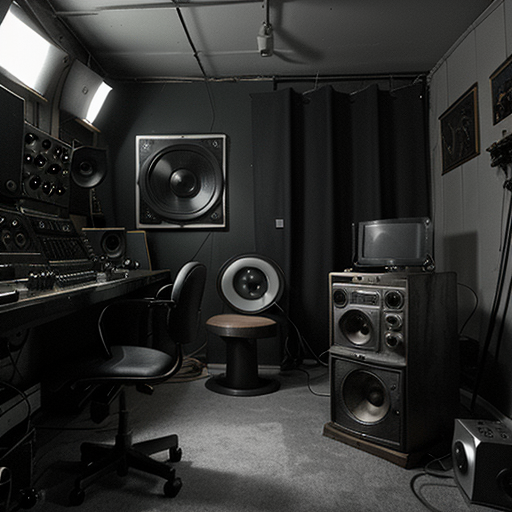 A lone joystick amidst a vintage studio, generating a bizarre, monochromatic media stream.